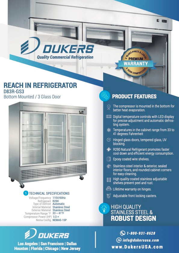 D55F Dukers Bottom Mount 2-Door Commercial Freezer in Stainless Steel
